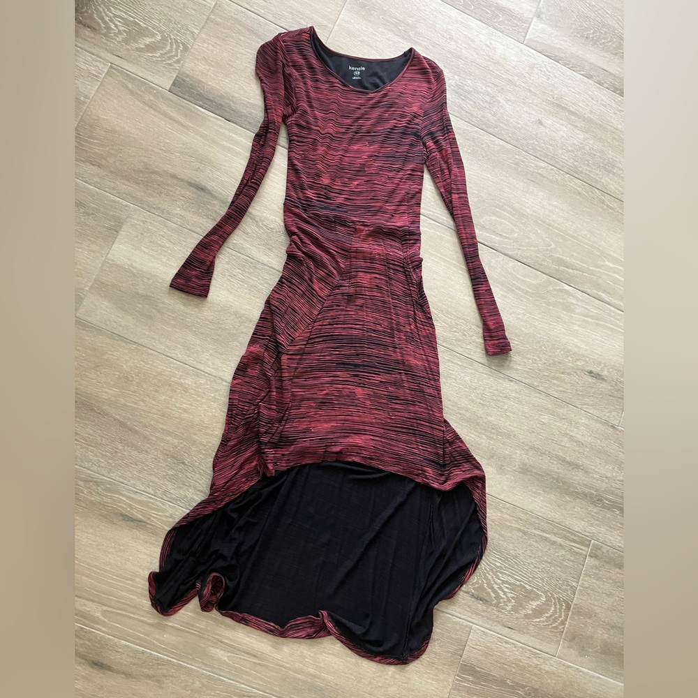 Kensie Red and Black Striped High-Low Long Sleeve Dress